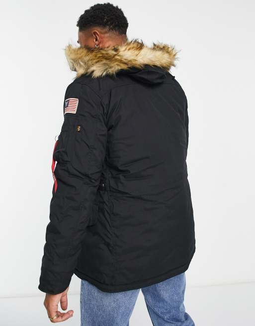 Alpha Industries Polar faux fur trim hooded parka in black ASOS