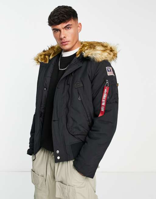 Alpha Industries Polar SV faux fur trim hooded bomber jacket in black ...