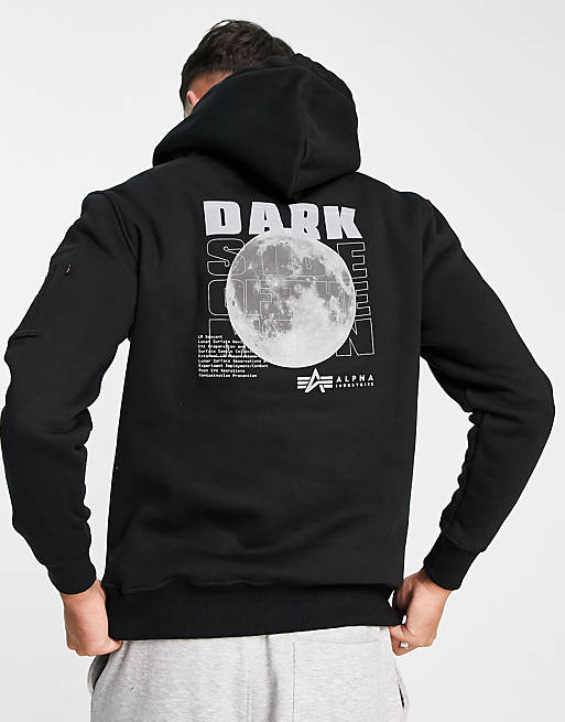 Alpha Industries reflective dark side back print hoodie in black | ASOS