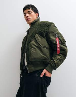 Alpha Industries teddy borg panel detail bomber jacket in dark olive