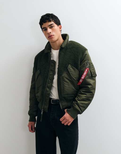 Alpha Industries teddy borg panel detail bomber jacket in dark olive, 5 of 5