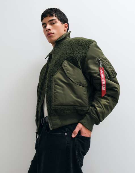 Alpha Industries teddy-borg paneldetalje bomberjakke i mørk oliven - view 1