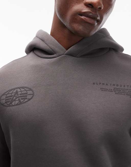 Alpha Industries – World – Kapuzenpullover in Grau mit Logoprint, 5 von 5