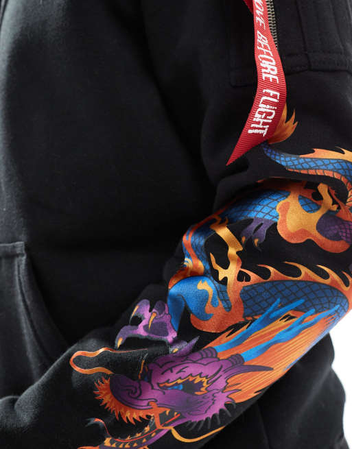 Alpha – Kapuzenpullover in Schwarz mit Stickerei und Drachenprint auf Rücken und Ärmeln, 4 von 4
