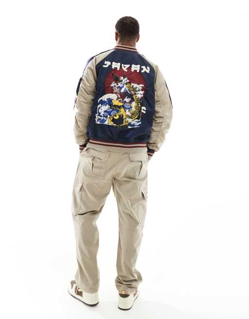 Alpha - Marineblå bomber-jakke med japansk souvenirprint bagpå, 4 af 4