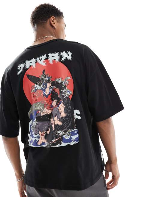 Alpha - Ruimvallend T-shirt met Japanse wave warrior-print in zwart, 3 van 4