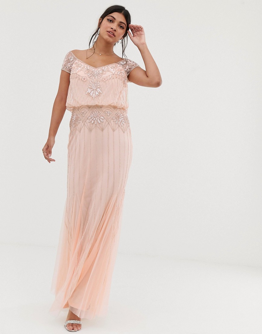 Amelia Rose baroque embellished cap sleeve maxi dress in soft peach-Pink