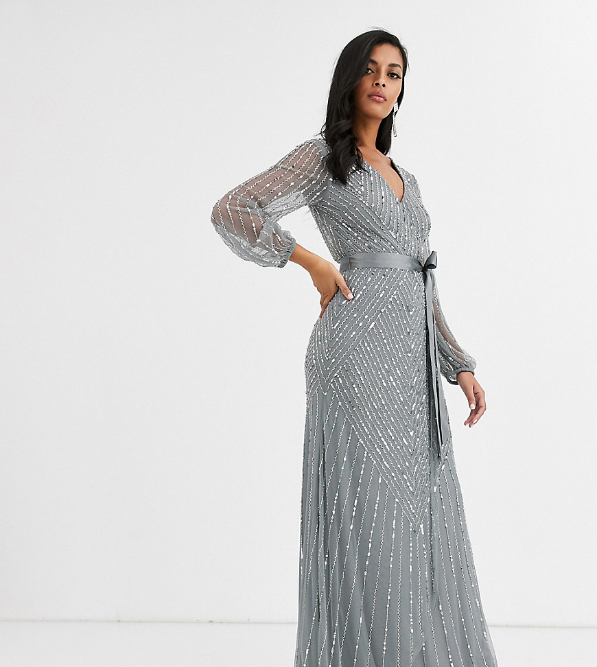 Amelia Rose bridesmaid embellished maxi dress with wrap detail in grey