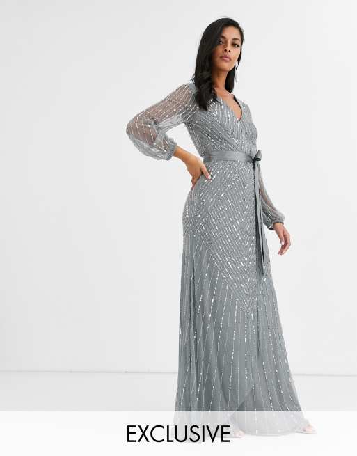 Amelia Rose bridesmaid embellished maxi dress with wrap detail in grey |  ASOS