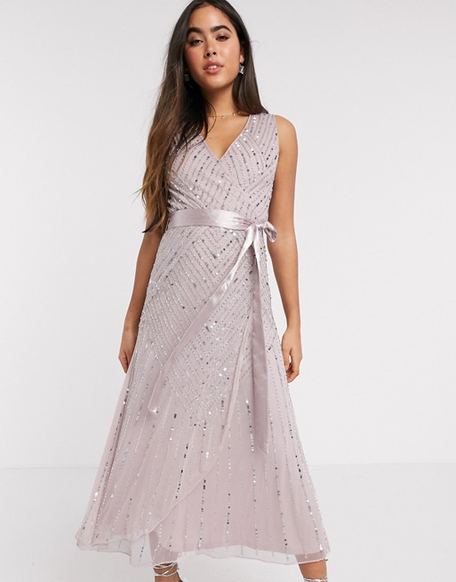 Amelia Rose Bridesmaid embellished midi dress with wrap detail in blush