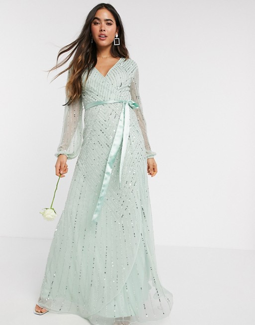 Amelia Rose Bridesmaid embellished wrap maxi dress in sage