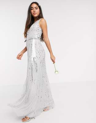 Amelia Rose Bridesmaid embellished wrap maxi dress in silver