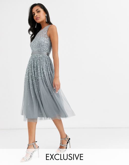 Amelia Rose bridesmaid midi dress with scattered embellishment in dark gray  | ASOS