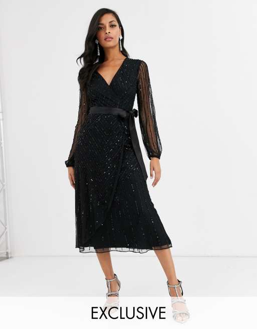 Amelia Rose embellished bridesmaid midi dress with wrap detail in black