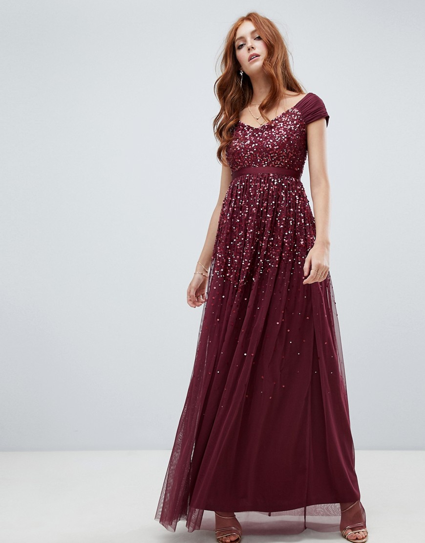 Amelia Rose embellished ombre sequin maxi dress with cami strap in berry-Red