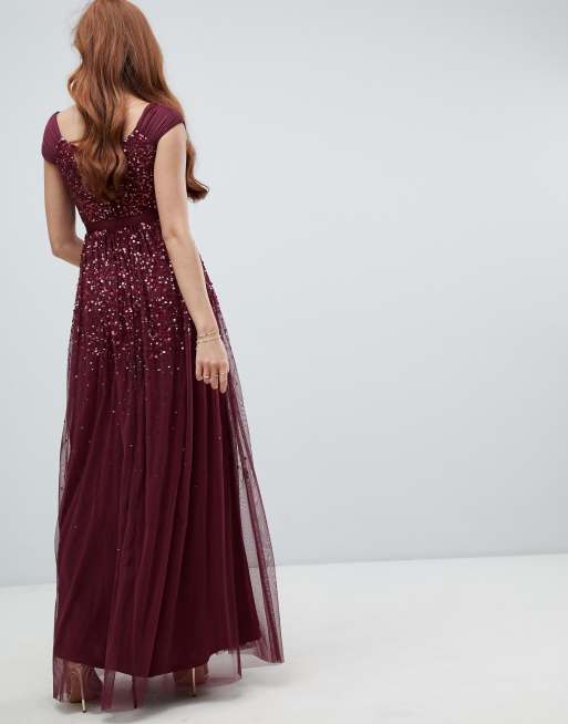 Amelia rose embellished ombre sequin maxi 2025 dress with cami strap in berry