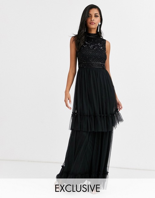 Amelia Rose embellished tiered tulle bridesmaid maxi dress in black