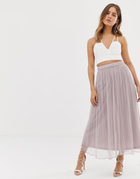 Amelia Rose embellished tulle maxi skirt in soft mauve