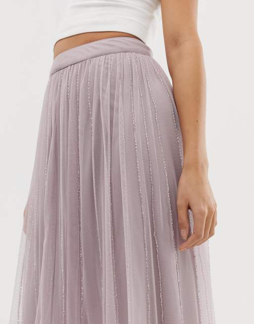 Amelia Rose embellished tulle maxi skirt in soft mauve