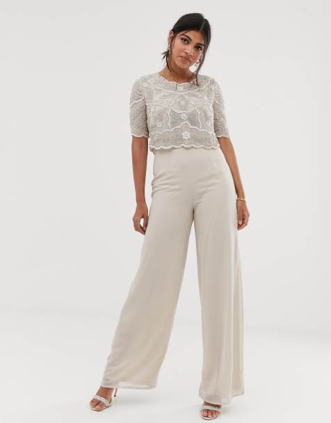 Amelia Rose embellished wide leg jumpsuit in soft beige