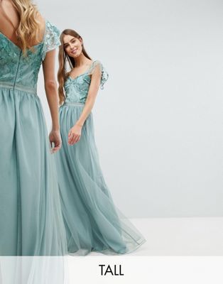 Amelia Rose - Lange jurk met versierde top en mouwen met ruchedetail-Groen