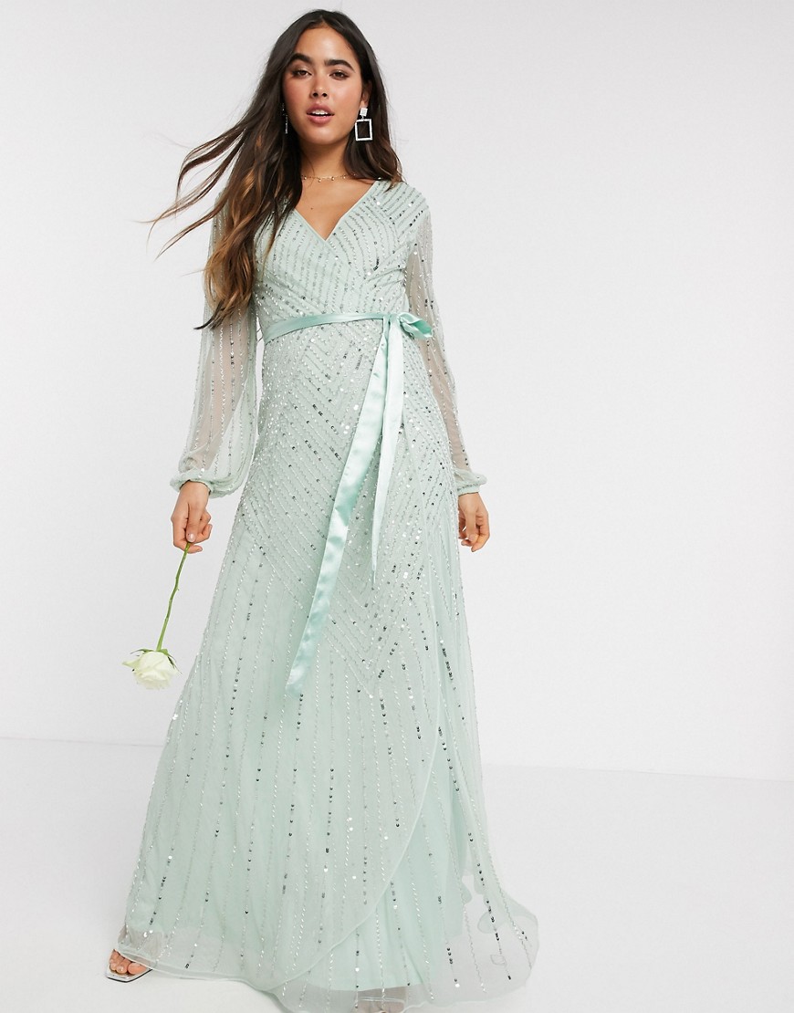 Amelia Rose - Lange versierde bruidsmeisjesjurk met overslag in saliegroen