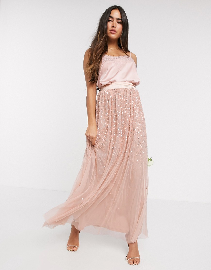 Amelia Rose ombre sequin maxi tulle skirt in rose-Gold
