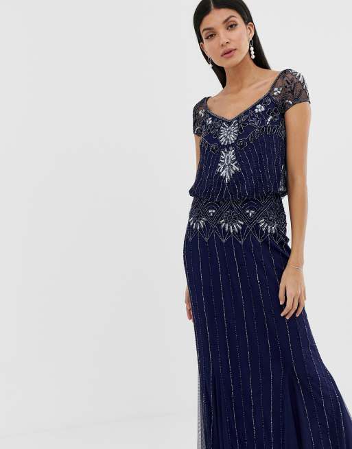 Amelia Rose Tall baroque embellished cap sleeve maxi dress in navy, 3 of 4