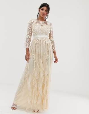 amelia rose vintage ruffle maxi dress with soft baroque embellishment in cream