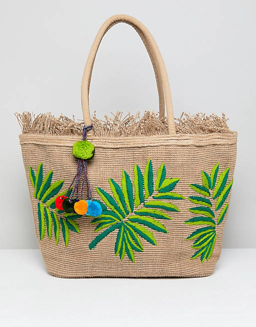 America & Beyond Hand Embroidered Leaf Structured Beach Bag