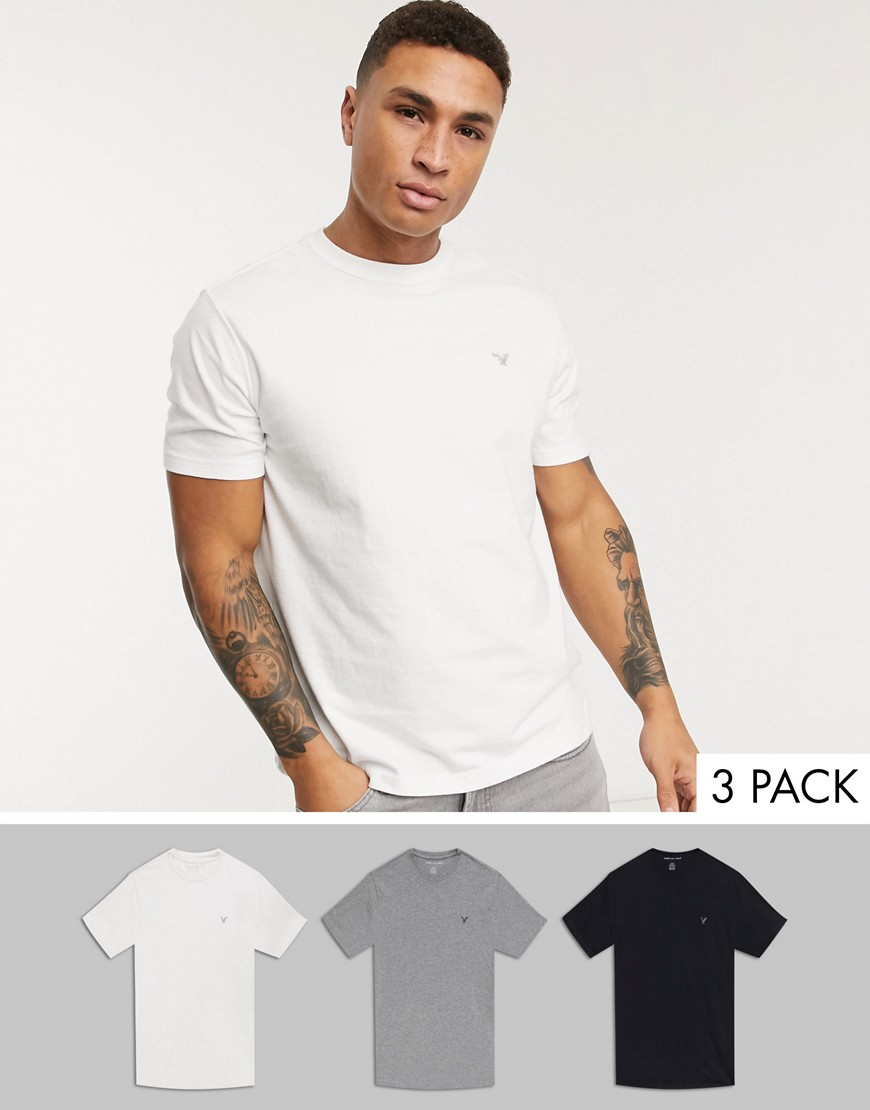 American Eagle – 3-pack vita/grå/mörkgrå t-shirtar med rund halsringning-Flerfärgad