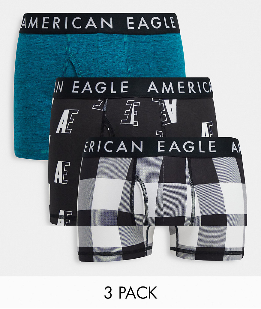 American Eagle – Blå och svarta trunks med heltäckande logga och rutigt mönster, 3-pack-Olika färger