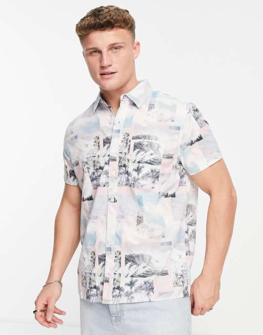 American Eagle - Camicia a maniche corte in popeline elasticizzato con stampa collage blu