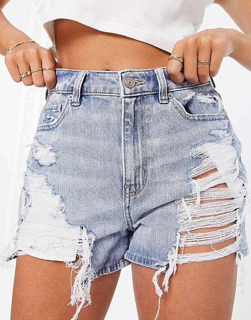 American Eagle denim mom shorts with distressing in blue