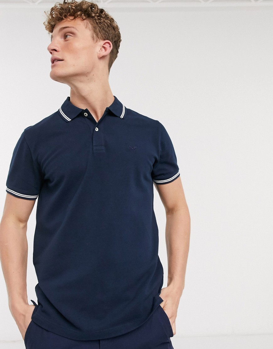 American Eagle eagle logo slim fit tipped polo in navy