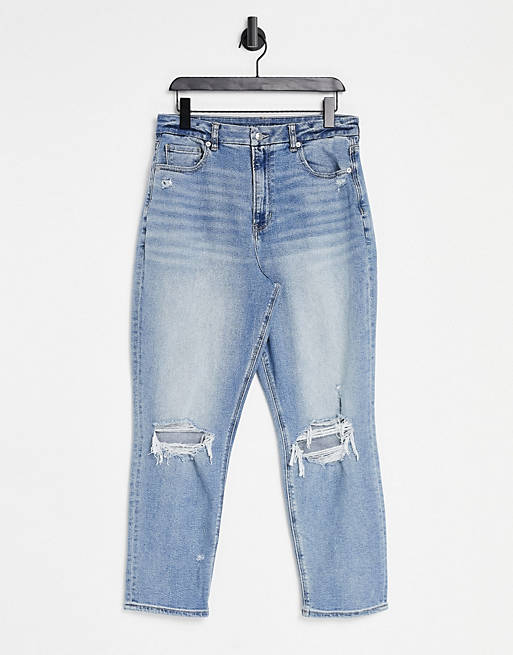 American Eagle hourglass mom jeans with distressed knees in light wash