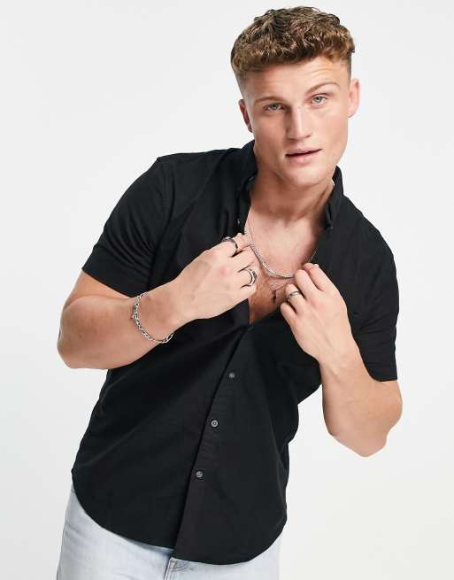 American Eagle icon logo short sleeve oxford shirt button down in black