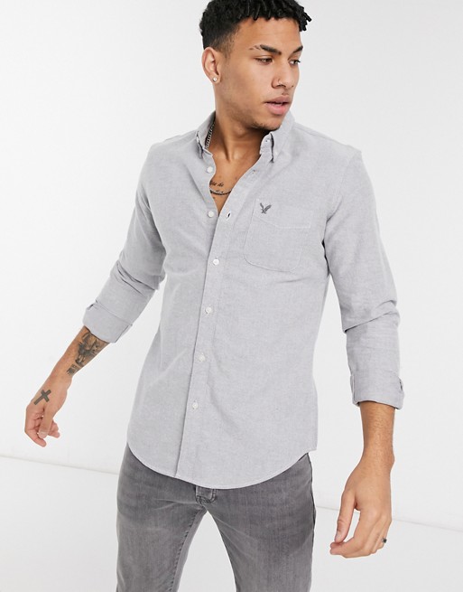 American Eagle icon logo slim fit solid oxford shirt in gray