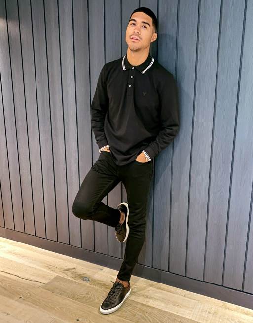American Eagle icon logo tipped long sleeve pique polo in black ASOS