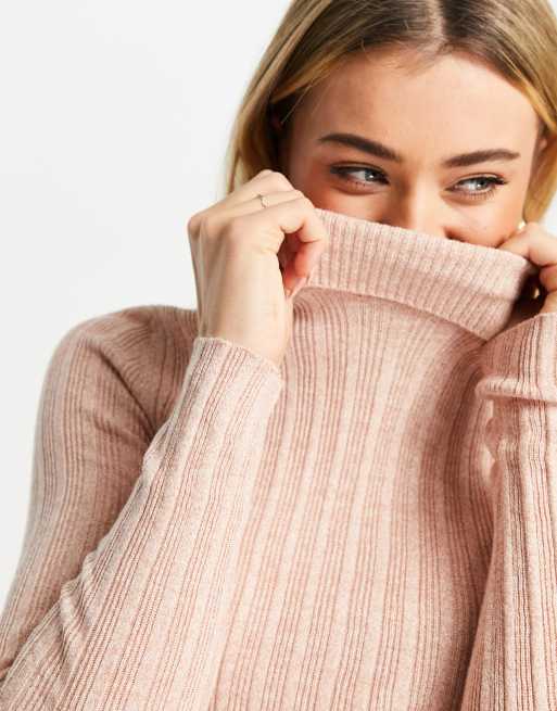 American Eagle – Langärmliges, geripptes Oberteil in Blush mit Stehkragen, 3 von 4