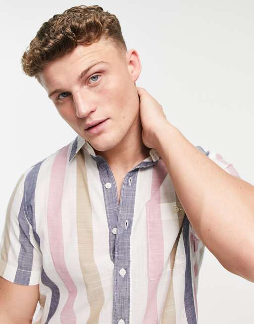 American Eagle – Madras – Kurzärmliges, lässiges Hemd mit Streifenmuster in Cremeweiß und Bonbonfarben