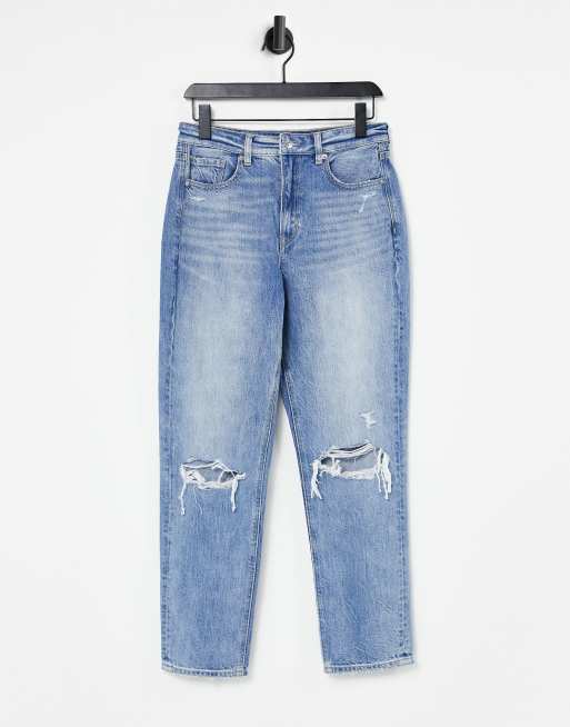 American Eagle mom jeans with ripped knees in mid wash blue | ASOS