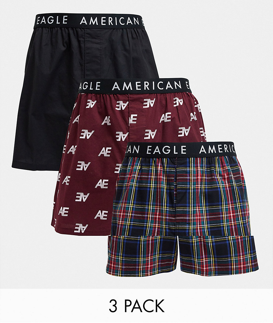 American Eagle - Pakke med 3 par boksershorts i ensfarvet sort/tern/gennemgående logo-Multifarvet