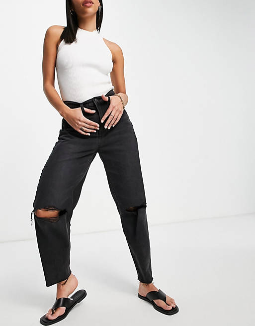 fresh Thigh Across American Eagle relaxed mom jeans with ripped knees in washed black | ASOS