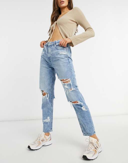 American Eagle rip mom jean in mid wash blue | ASOS