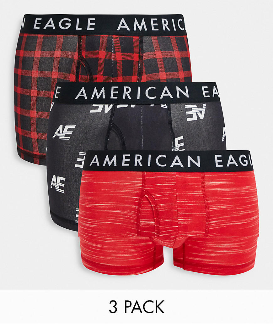 American Eagle - Set van 3 boxershorts in effen/geruit rood en met all-over logo in zwart-Meerkleurig