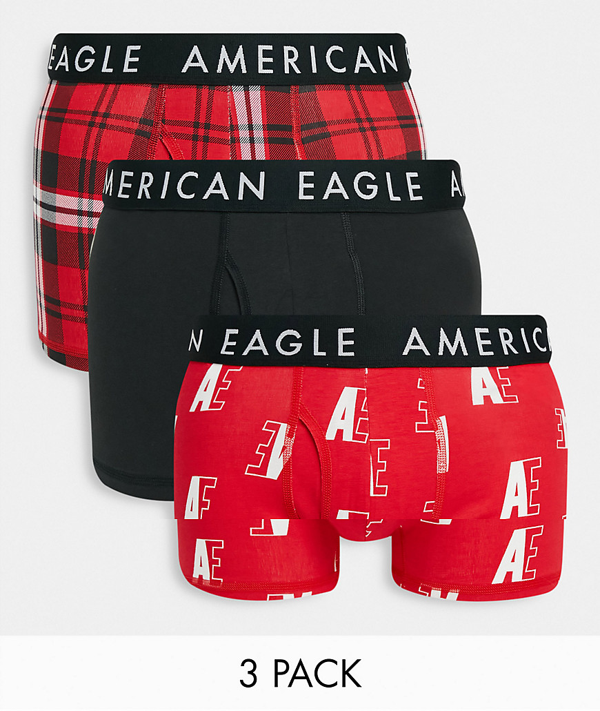 American Eagle - Set van 3 boxershorts in effen zwart, rood met logoprint en ruiten-Meerkleurig