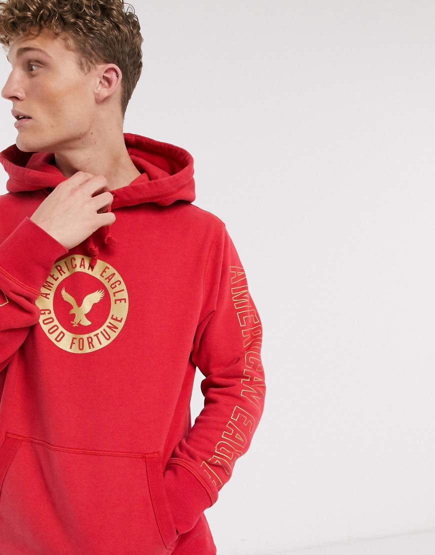 American Eagle sleeve and chest circle logo hoodie in red
