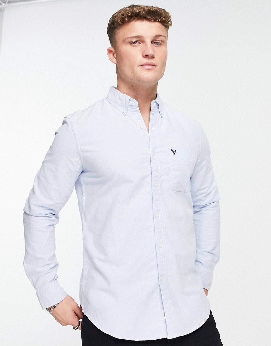 American Eagle - Slim fit Oxford overhemd met logo en knopen in lichtblauw