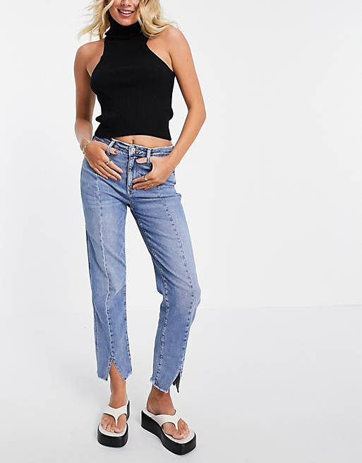 American Eagle slim straight jeans in mid wash blue with cut out detail